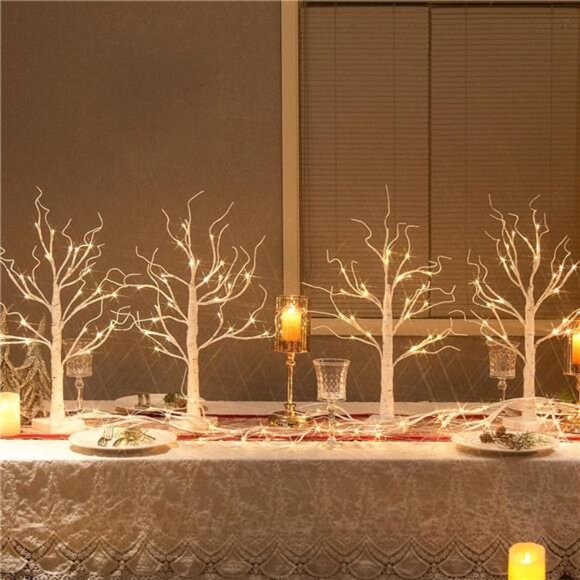 Christmas Tree Decorations, White Birch Tree with LED Lights- Set of 4 - Picture 1 of 14